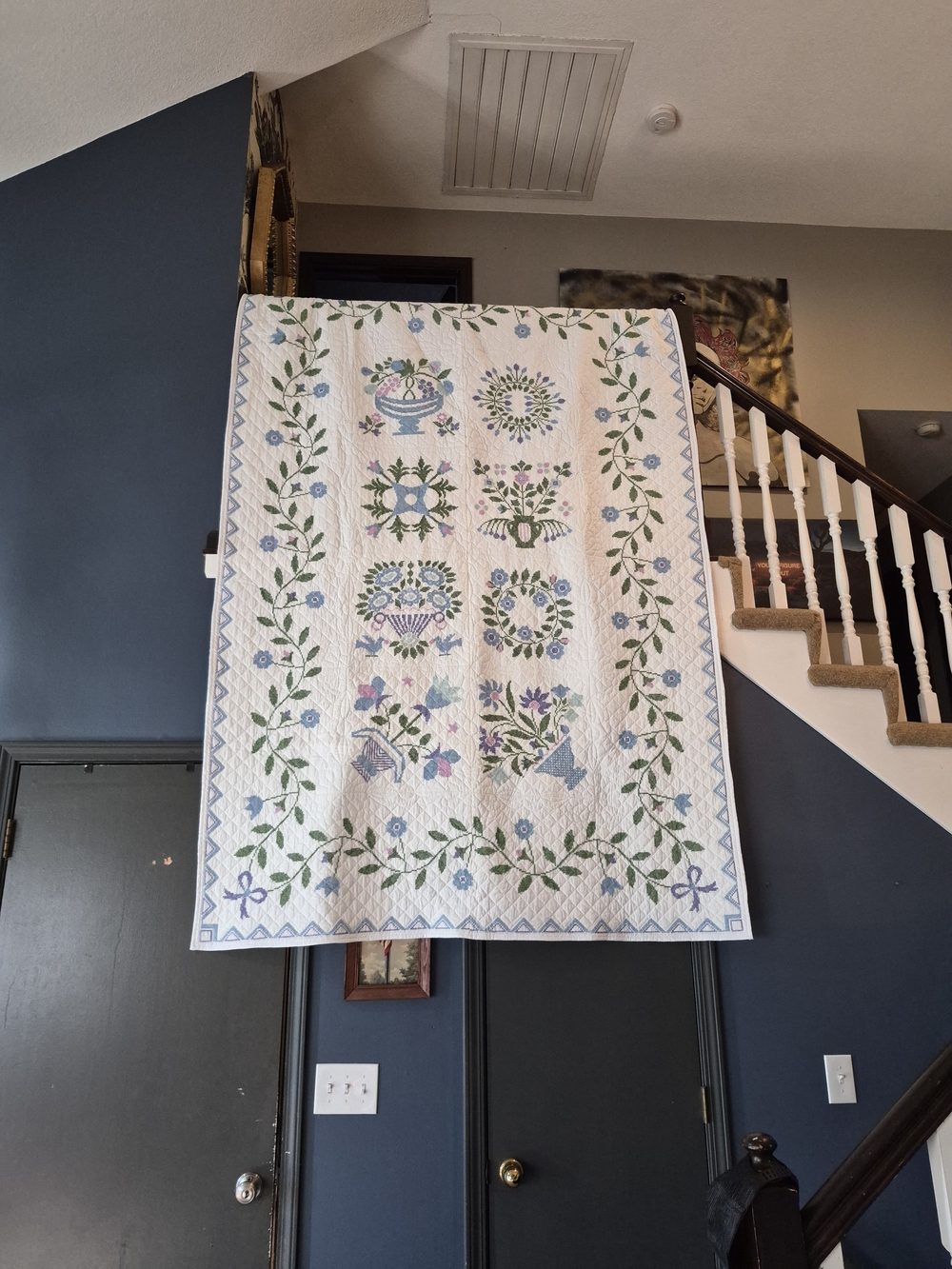 Baltimore Album Style Handmade Floral Quilted Bedspread in White and Light Blue